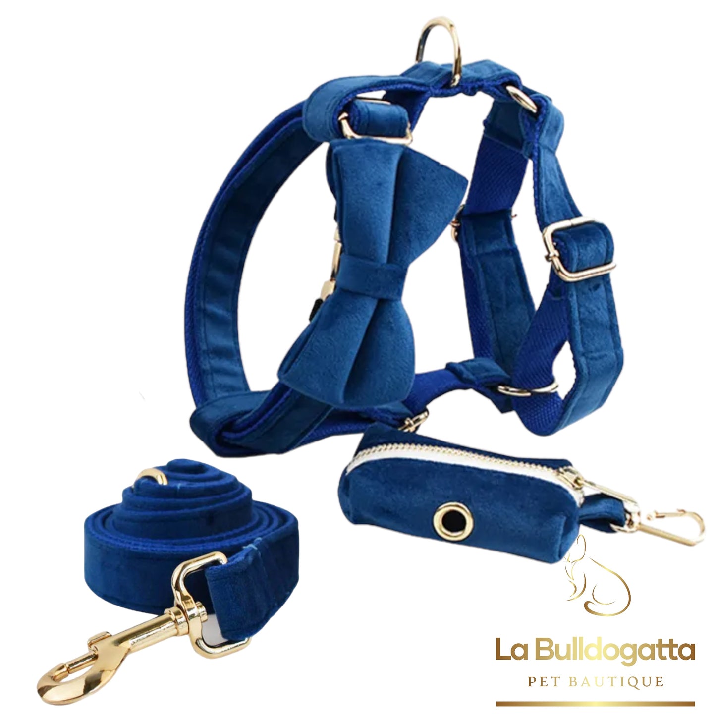 Royal blue velvet H-harness, leash and bow set