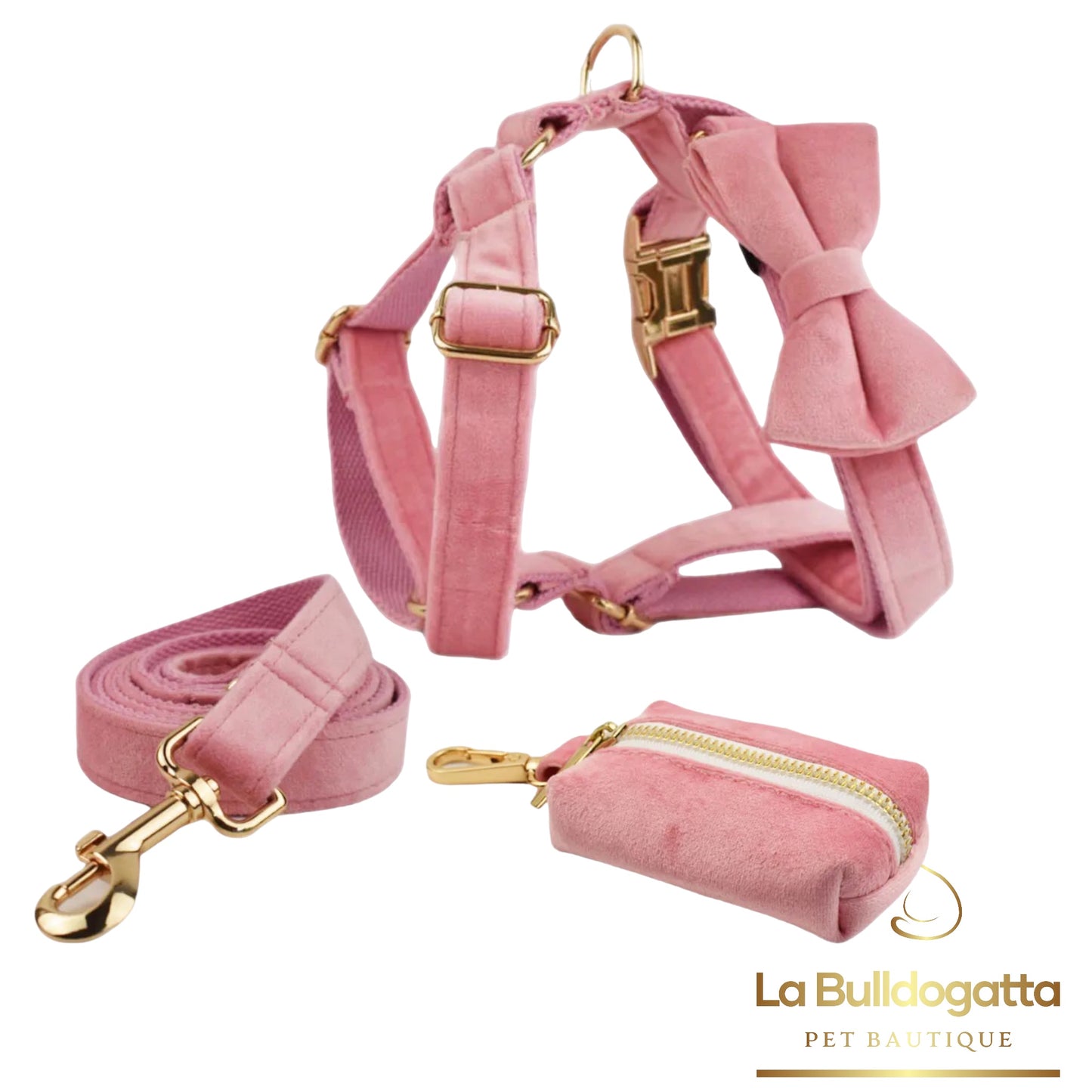Set Pettorina a H, guinzaglio e fiocco velluto rosa