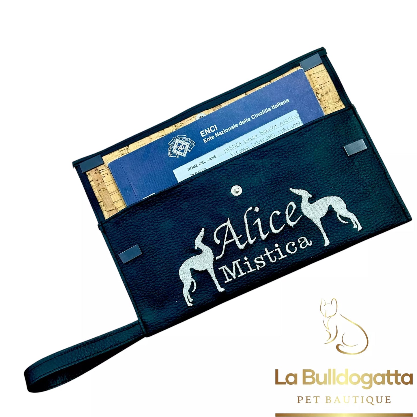 Borsina da polso portalibretti dog Show ecopelle con ricamo personalizzato