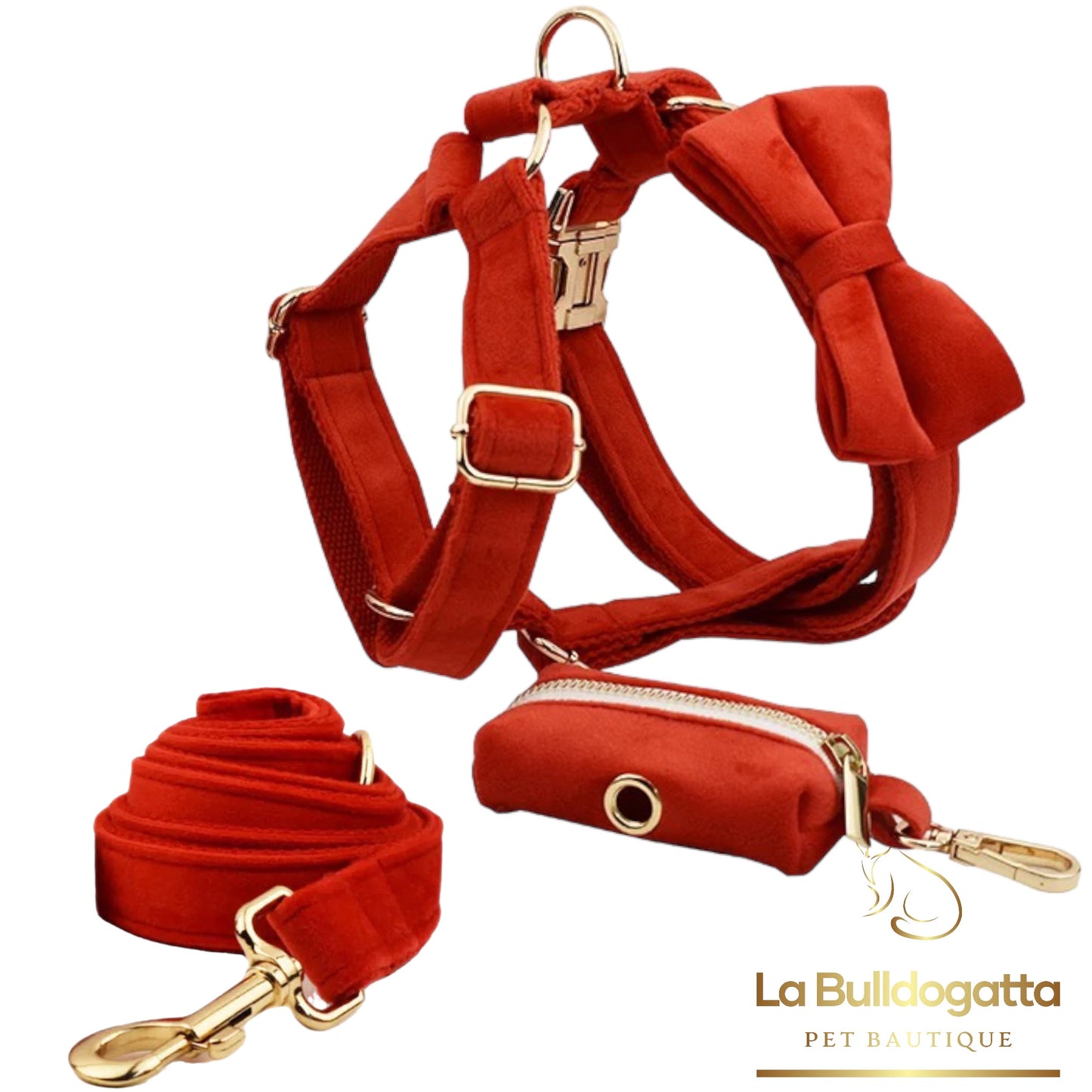 H-shaped harness, leash and red velvet bow set