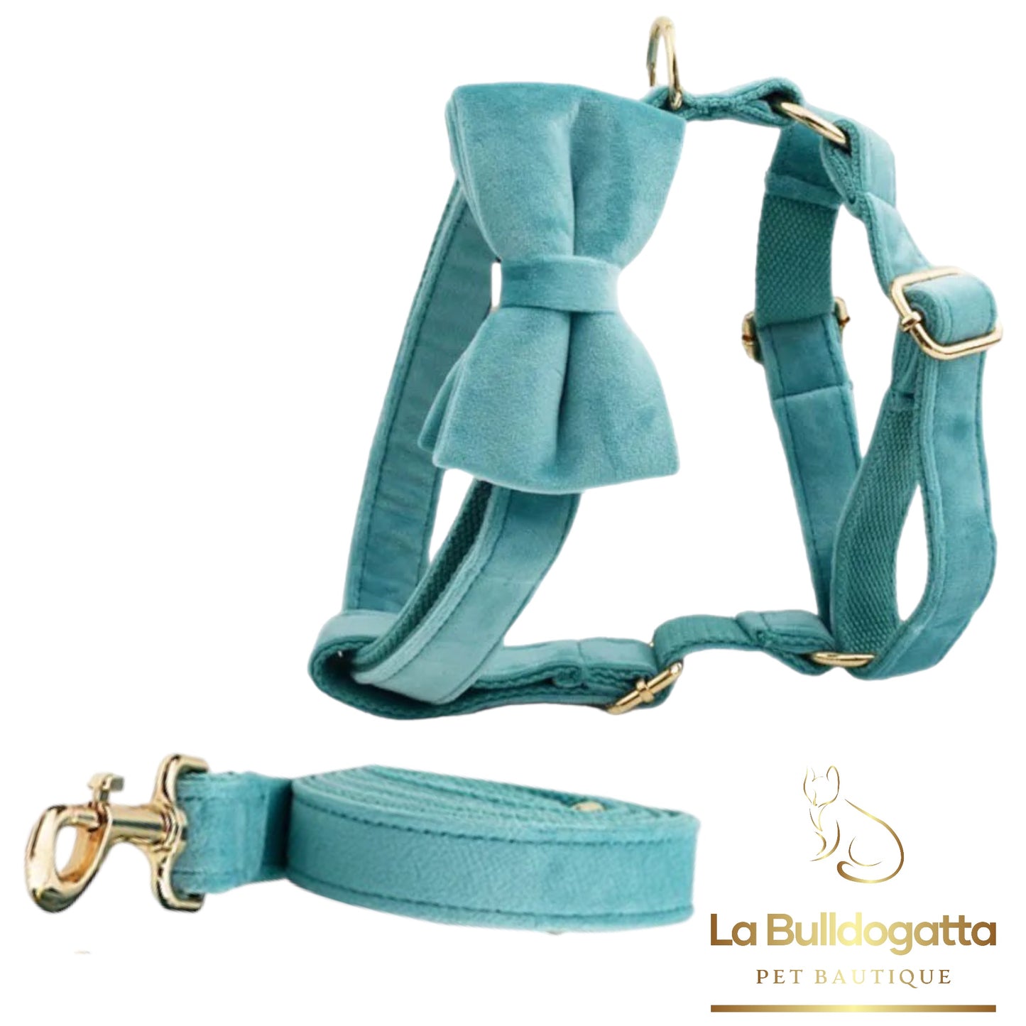 H-shaped harness, leash and tiffany green velvet bow set