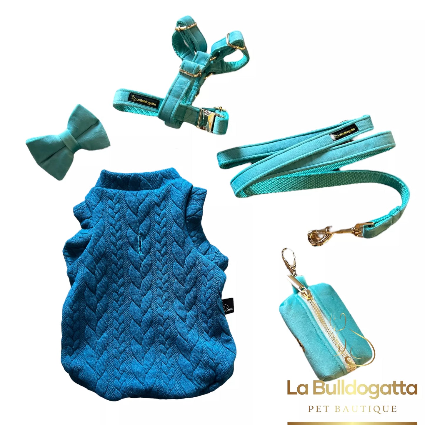 H-shaped harness, leash and tiffany green velvet bow set