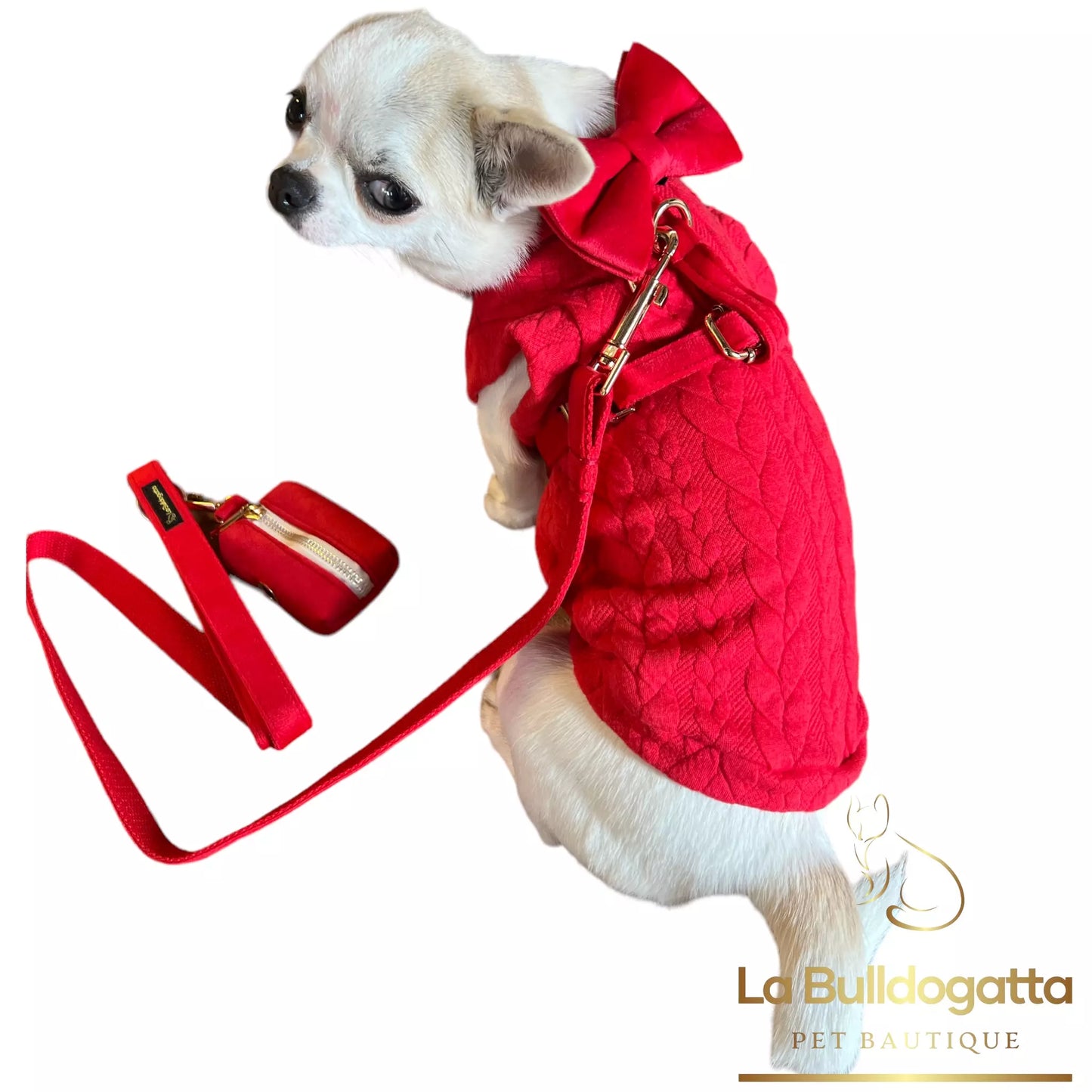 H-shaped harness, leash and red velvet bow set