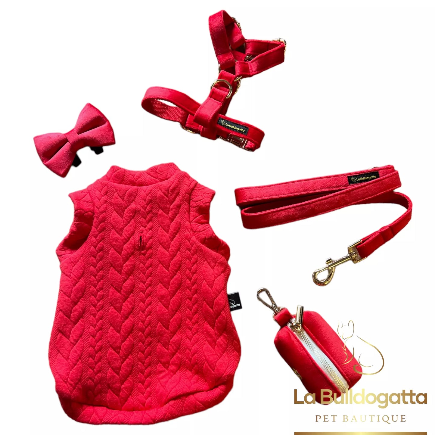 H-shaped harness, leash and red velvet bow set